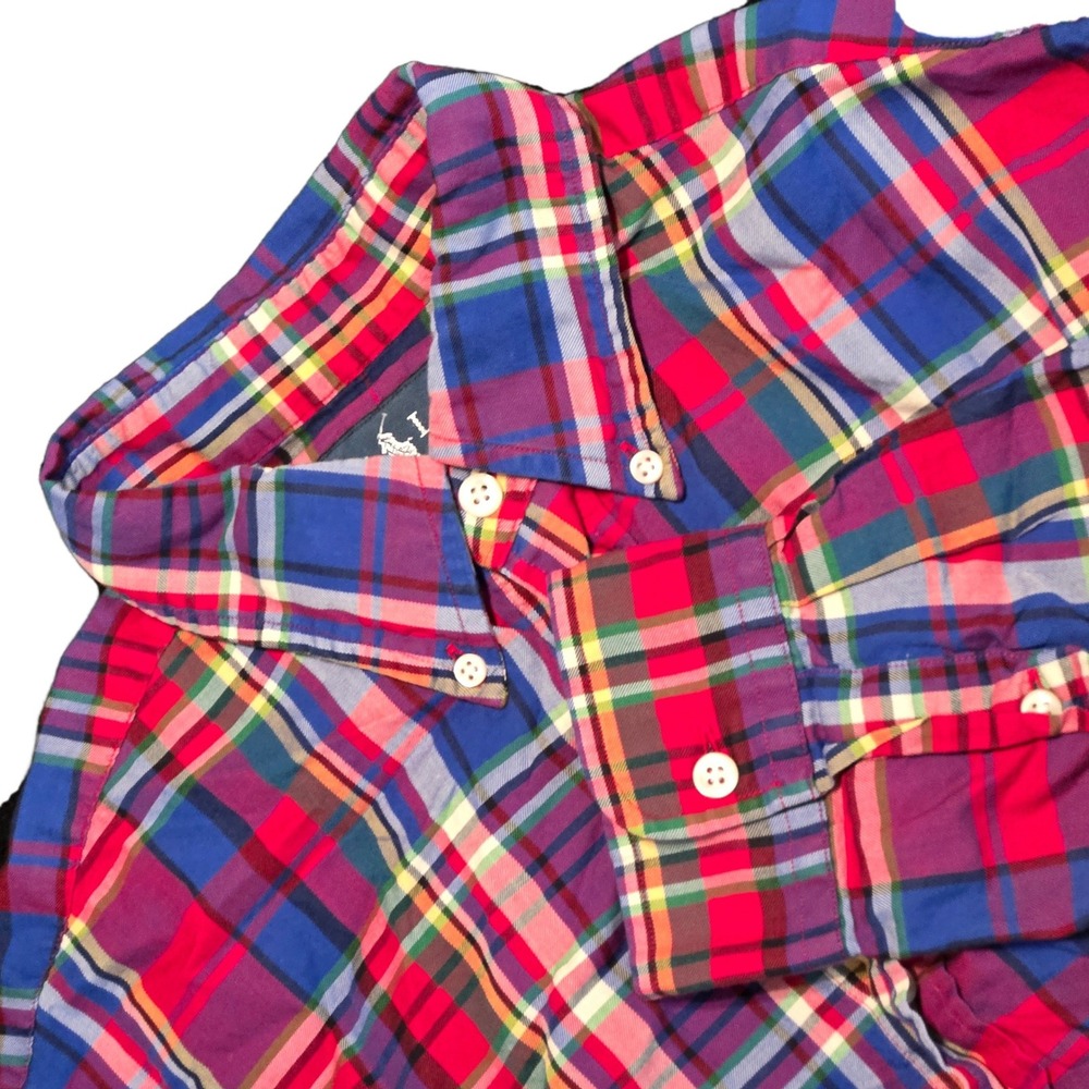 Ralph Lauren Mens Shirt L Red Blue Yellow Plaid Button Long Sleeve 100% Cotton